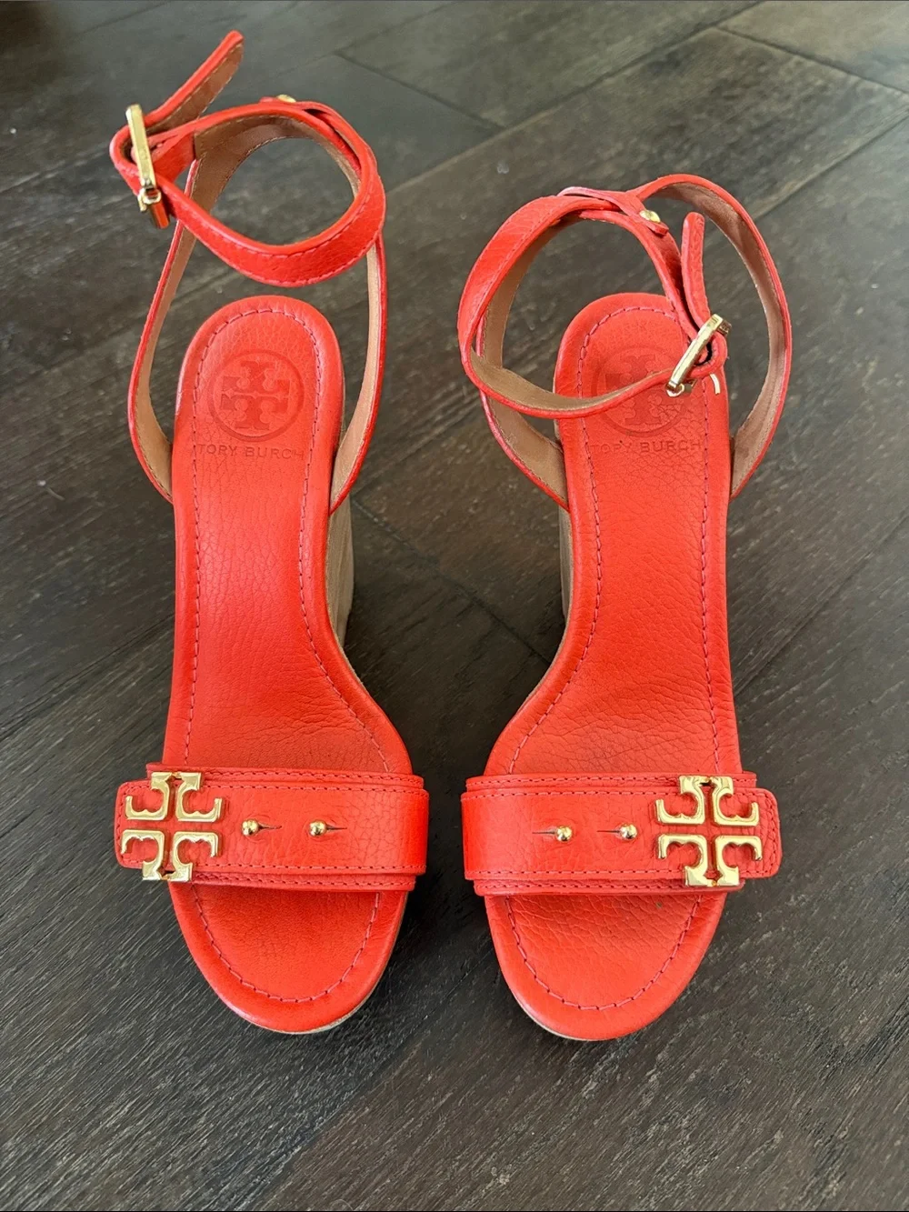 Tory Burch Red-Orange Leather Ankle-Strap Wedge Sandal Size 7